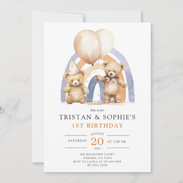 Invitation Jumeaux 1er anniversaire Aquarelle Nounours (Devant)