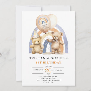 Invitation Jumeaux 1er anniversaire Aquarelle Nounours