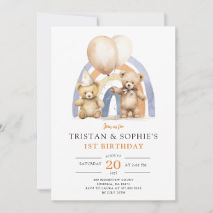 Invitation Jumeaux 1er anniversaire Aquarelle Nounours