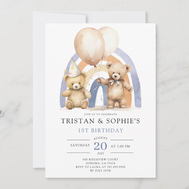 Invitation Jumeaux 1er anniversaire Aquarelle Nounours Ballon (Devant)