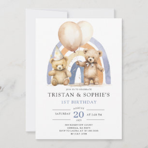 Invitation Jumeaux 1er anniversaire Aquarelle Nounours Ballon