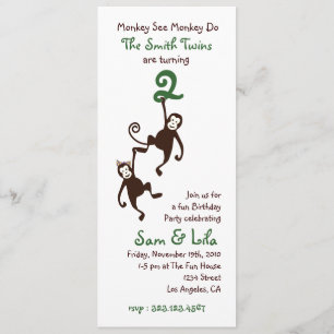 Invitation Jumeaux 2ème anniversaire, singes
