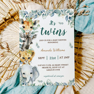 Invitation Jumeaux Animaux Safari Bohème Baby Shower