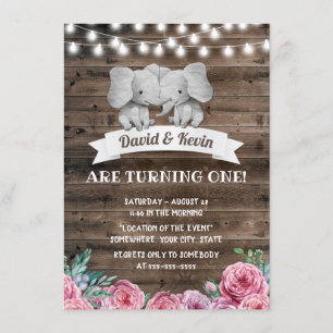 Invitation Jumeaux Anniversaire Cute Elephant Vintage Floral