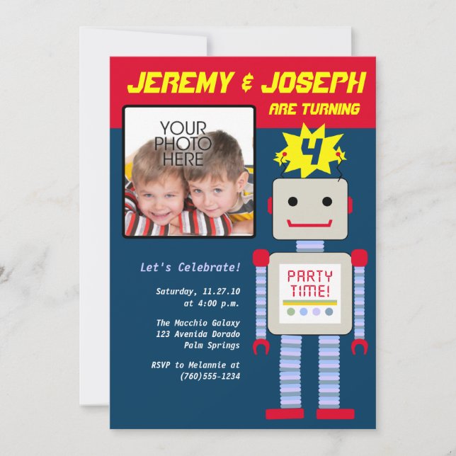 Invitation Jumeaux, anniversaire de Robot (Devant)