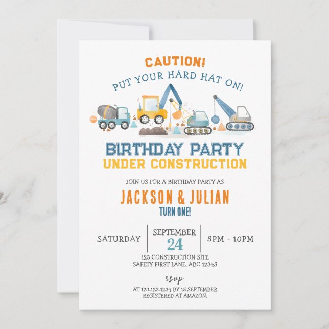 Invitation Jumeaux Anniversaire En Construction, Camions (Devant)