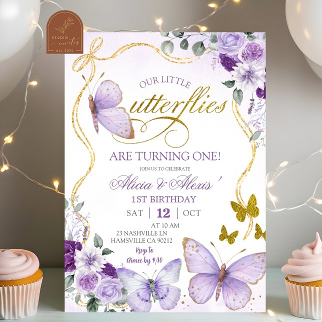 Invitation Jumeaux Anniversaire Papillons Violets Coquette (Créateur téléchargé)