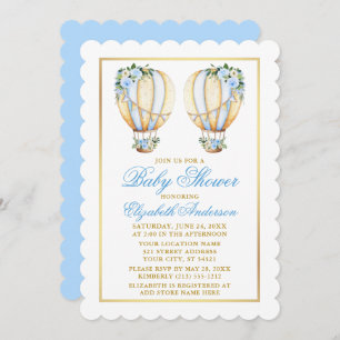 Invitation Jumeaux Aquarelle Bleu Floral Baby shower Ballons