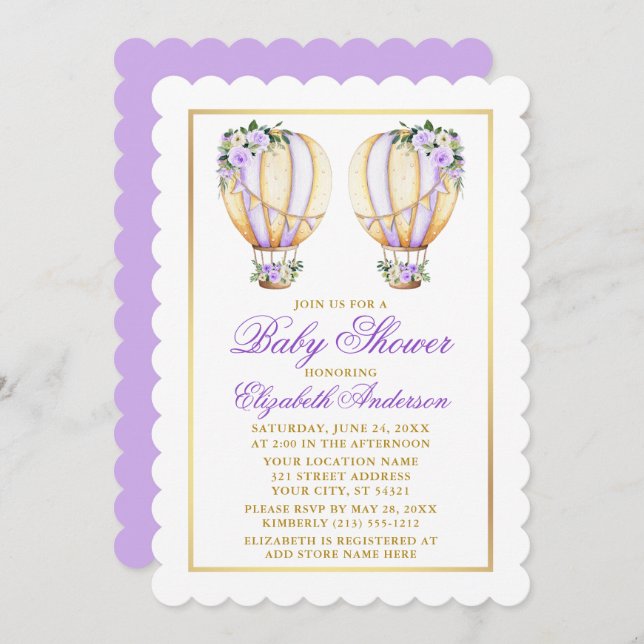 Invitation Jumeaux Aquarelle Violet Floral Baby shower de bal (Devant / Derrière)