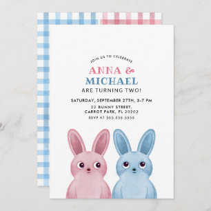 Invitation Jumeaux avec lapins bleus et roses