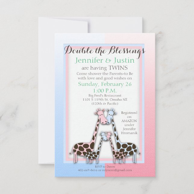 Invitation Jumeaux Baby shower Bébé Girafes Bleu et Rose (Jen (Devant)