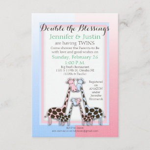 Invitation Jumeaux Baby shower bébé Girafes Bleu et Rose (Jen