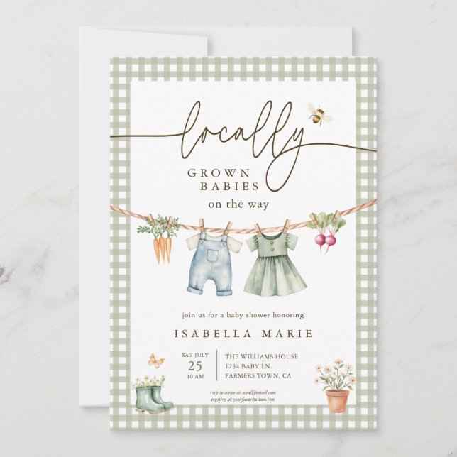 Invitation Jumeaux Baby Shower Local Vert (Devant)