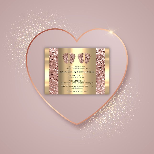 Invitation Jumeaux Baby shower Pieds Rose Parties scintillant (Twins Baby Shower Feet Rose Glitter Boy Girl Gold Invitation)