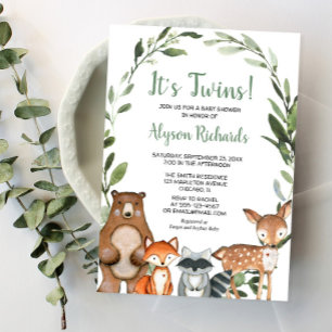 Invitation Jumeaux baby shower vert bois neutre genre