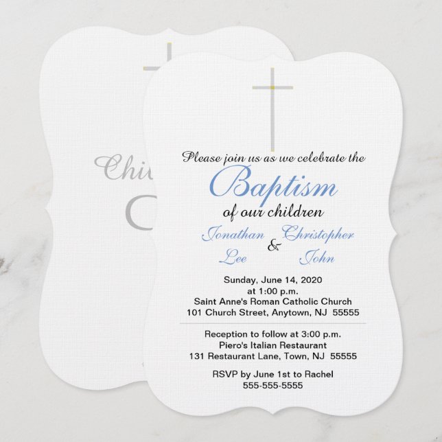 Invitation Jumeaux Baptême Bleu (Devant / Derrière)