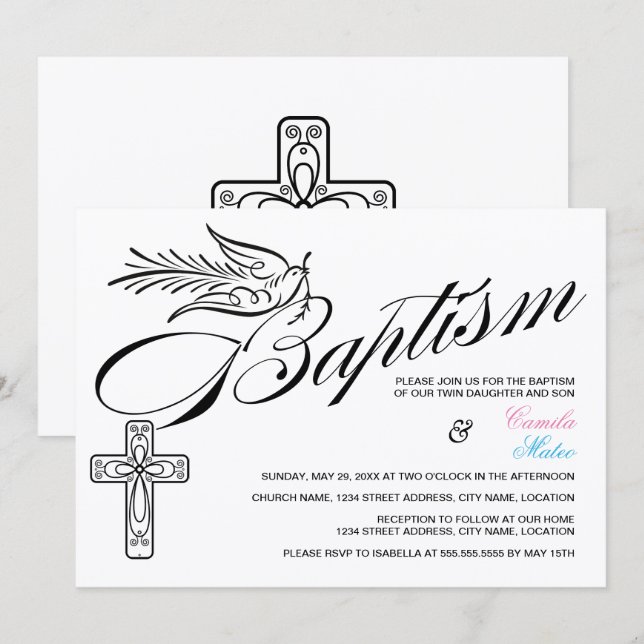 Invitation Jumeaux baptême croix et colombe Calligraphie (Devant / Derrière)