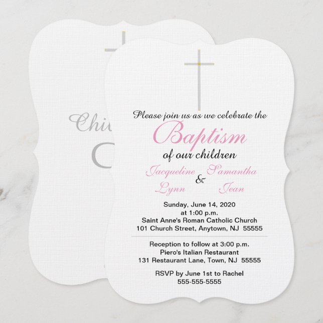Invitation Jumeaux Baptême Rose (Devant / Derrière)