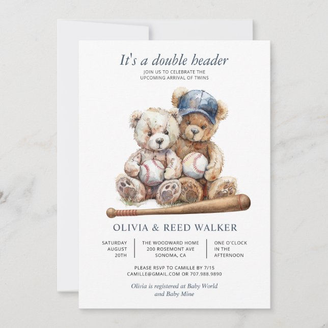 Invitation Jumeaux Baseball Double Match Baby Shower Ours (Devant)