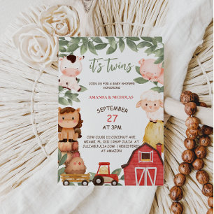 Invitation Jumeaux beaux animaux de ferme Baby shower aquarel