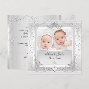 Invitation Jumeaux Bébé Fille Garçon Christening Baptême Blan