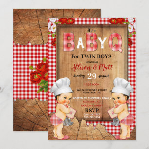 Invitation Jumeaux bébés garçons carreaux rouges en bois bébé
