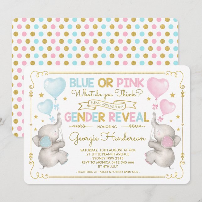 Invitation Jumeaux bleu ou rose Éléphant Genre Révéler Bébé (Devant / Derrière)