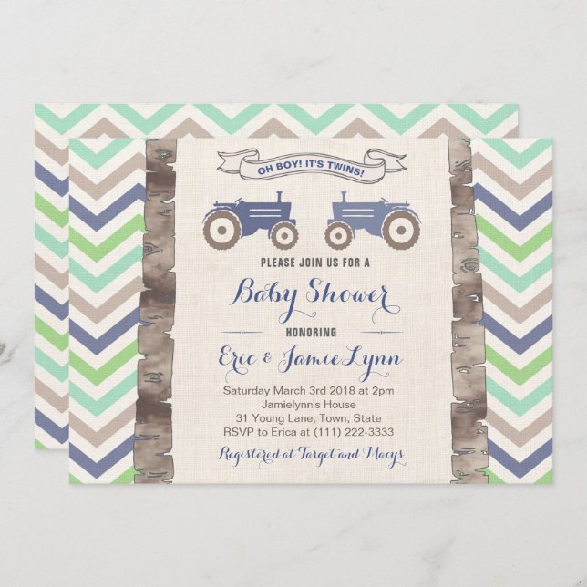 Invitation Jumeaux bleu vert tracteur chevron baby shower (Devant / Derrière)