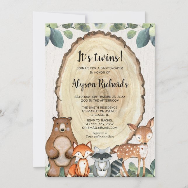 Invitation Jumeaux bois baby shower animal neutre genre (Devant)
