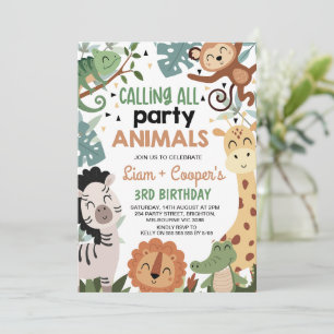 Invitation Jumeaux Brown Green Calling Party Animaux Annivers