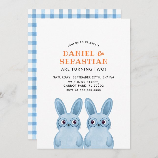 Invitation Jumeaux Bunny fête d'anniversaire pour bébés garço (Devant / Derrière)