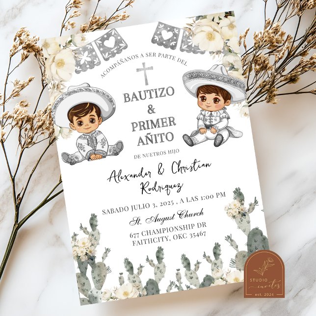 Invitation Jumeaux Charro Garçon Baptême mexicain et premier  (Créateur téléchargé)