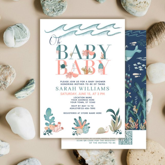 Invitation Jumeaux Code QR sous la mer Oh Bébé Baby Shower (Créateur téléchargé)