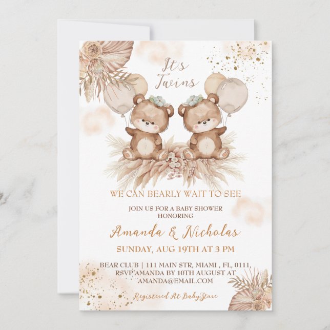 Invitation Jumeaux Cute Boho Ours Baby Shower (Devant)