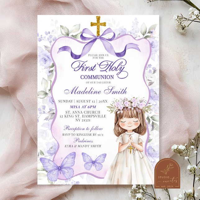 Invitation Jumeaux de fleurs à ruban violet Première Sainte C (Créateur téléchargé)