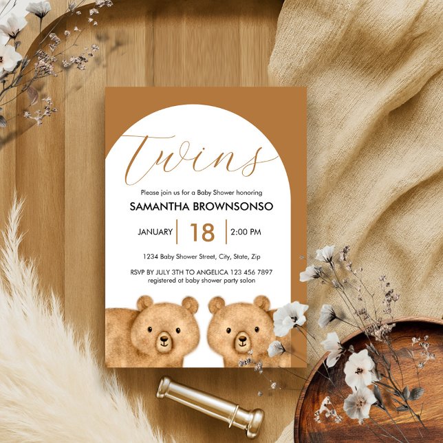 Invitation Jumeaux de l'ours brun Baby Shower (Créateur téléchargé)