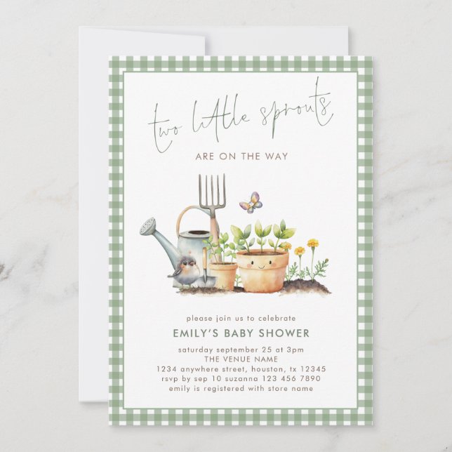 Invitation Jumeaux Deux Petits Pousses Sage Gingham Baby Show (Devant)