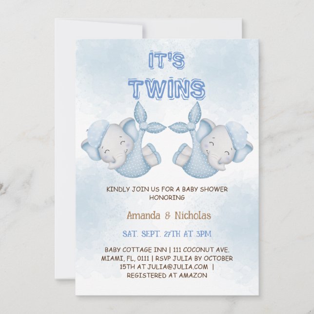 Invitation Jumeaux éléphants garçons Shower bébé bleu poussié (Devant)
