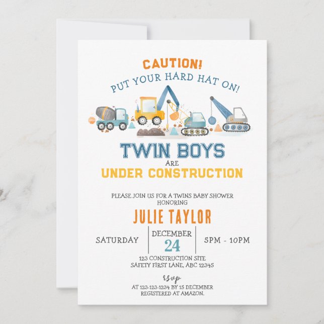Invitation Jumeaux en construction, Baby Shower de Digger (Devant)