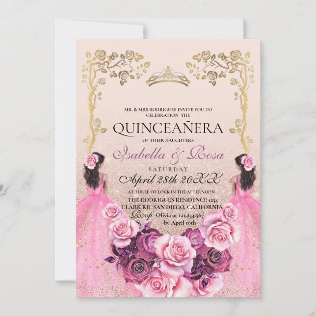 Invitation Jumeaux en or rose pâle Quinceañera (Devant)