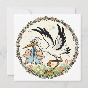 Invitation Jumeaux et cigogne design vintage