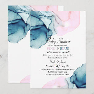 Invitation Jumeaux Ethéréens à l'encre sarcelle rose et bleu