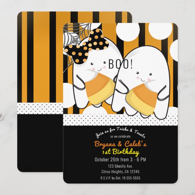 Invitation Jumeaux fantômes mignons Halloween fête d'annivers (Devant / Derrière)