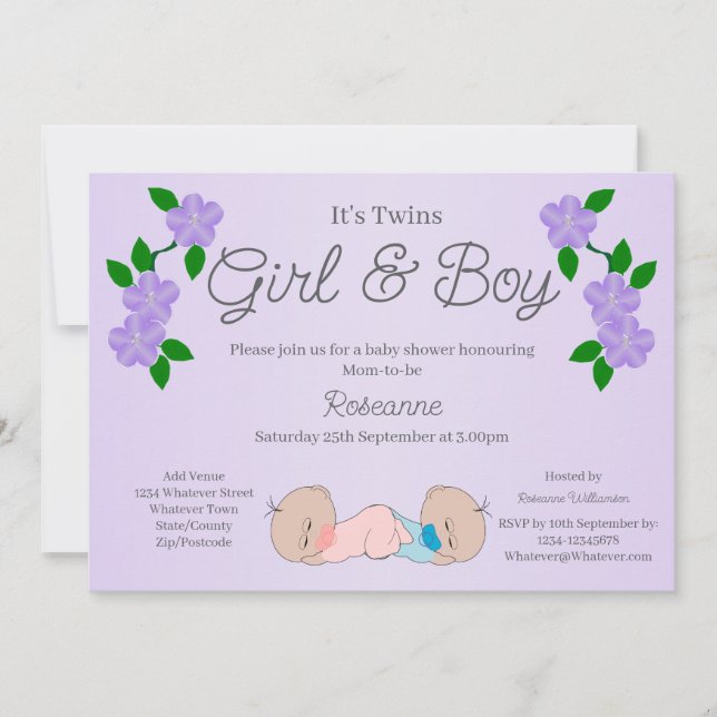 Invitation Jumeaux Fille Et Garçon Baby Shower (Devant)