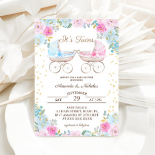 Invitation Jumeaux Fille Garçon Rose Bleu Poussette Baby Show