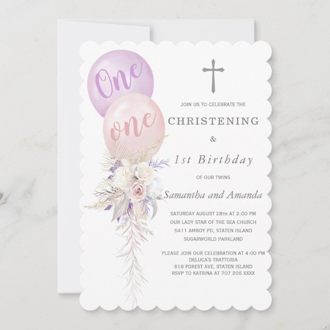 Invitation Jumeaux Filles Baptême et Premier Anniversaire (Devant)