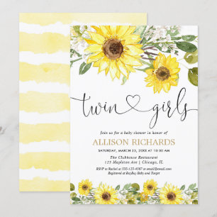 Invitation Jumeaux filles tournesol jaune baby shower de verd