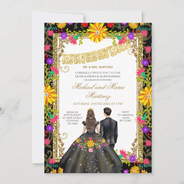 Invitation Jumeaux Fleurs Colorées Fête Mexicaine Quinceañera (Devant)