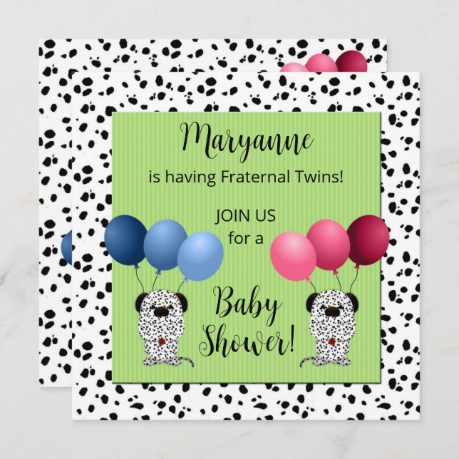Invitation Jumeaux fraternel Dalmatiens Baby shower vert (Devant / Derrière)