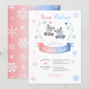 Invitation Jumeaux garçon et fille Ours mignons baby shower d
